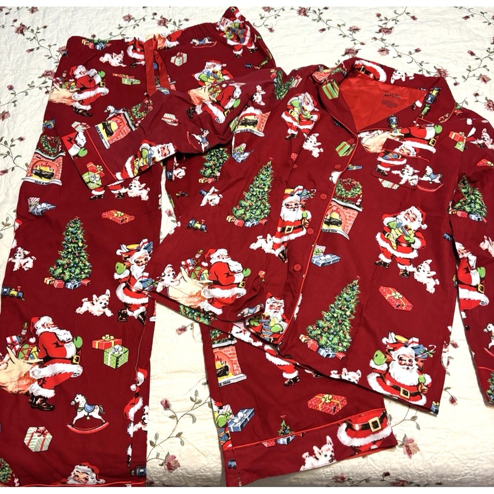 Nick & Nora Christmas Pajamas Size L Flannel Retro 50s Santa Claus Puppy
